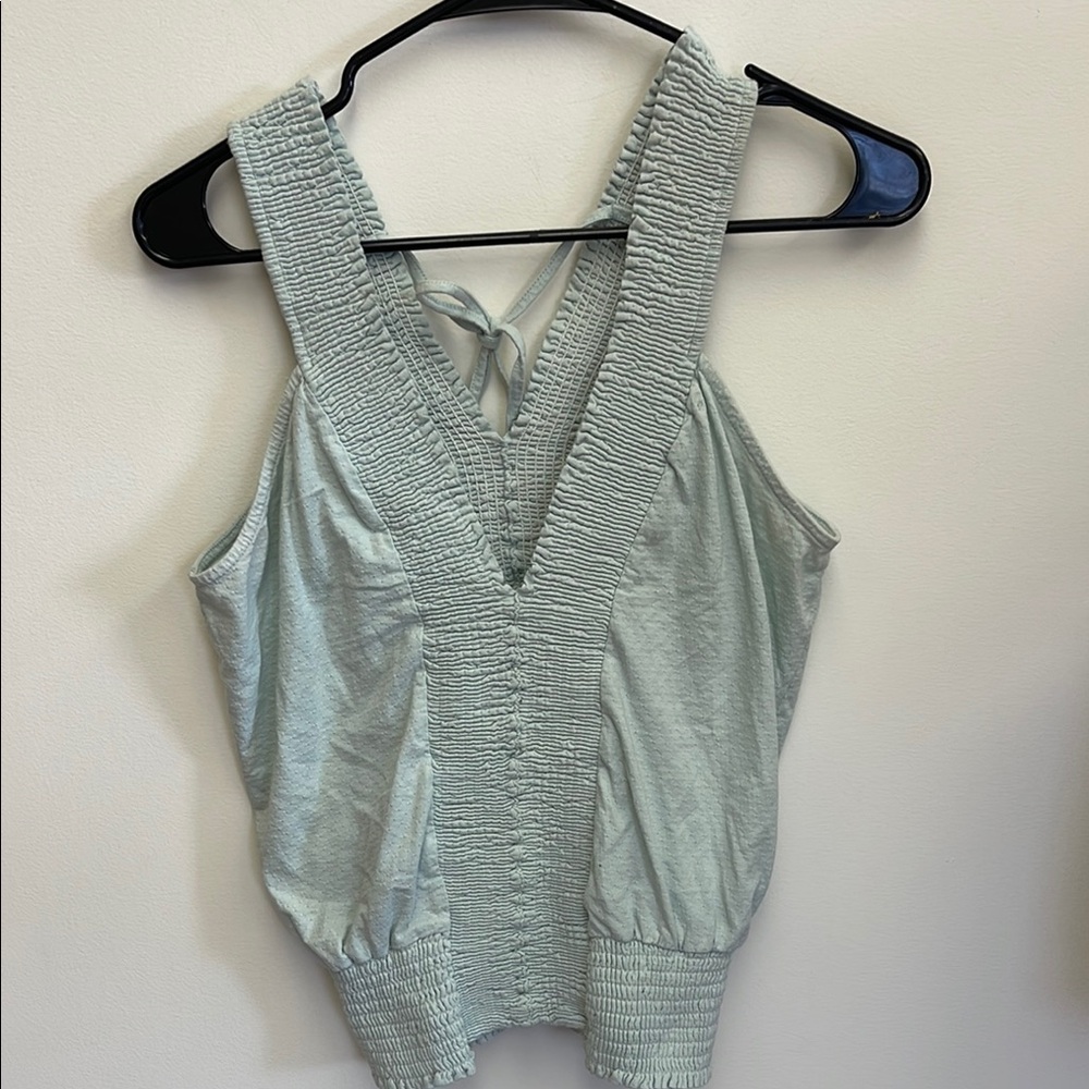 Willow-Root Blue Smocked Ruched Tie Front Tank Top